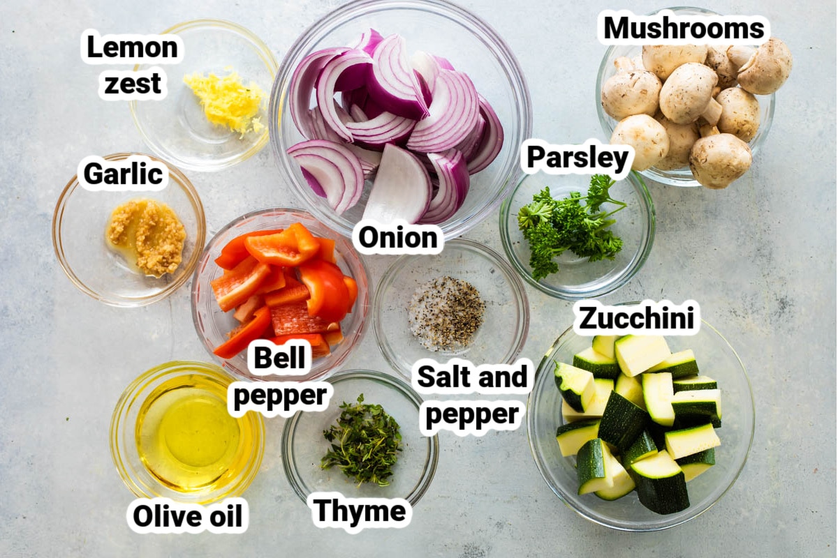 Labeled ingredients for veggie kabobs.