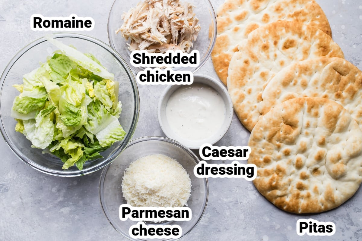 Labeled ingredients for a chicken Caesar wrap.