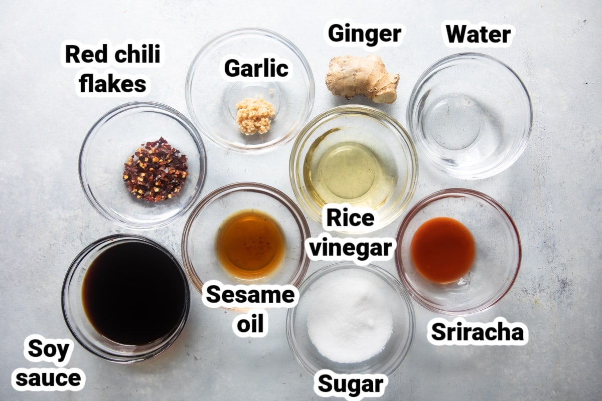 Labeled ingredients for ginger sauce.