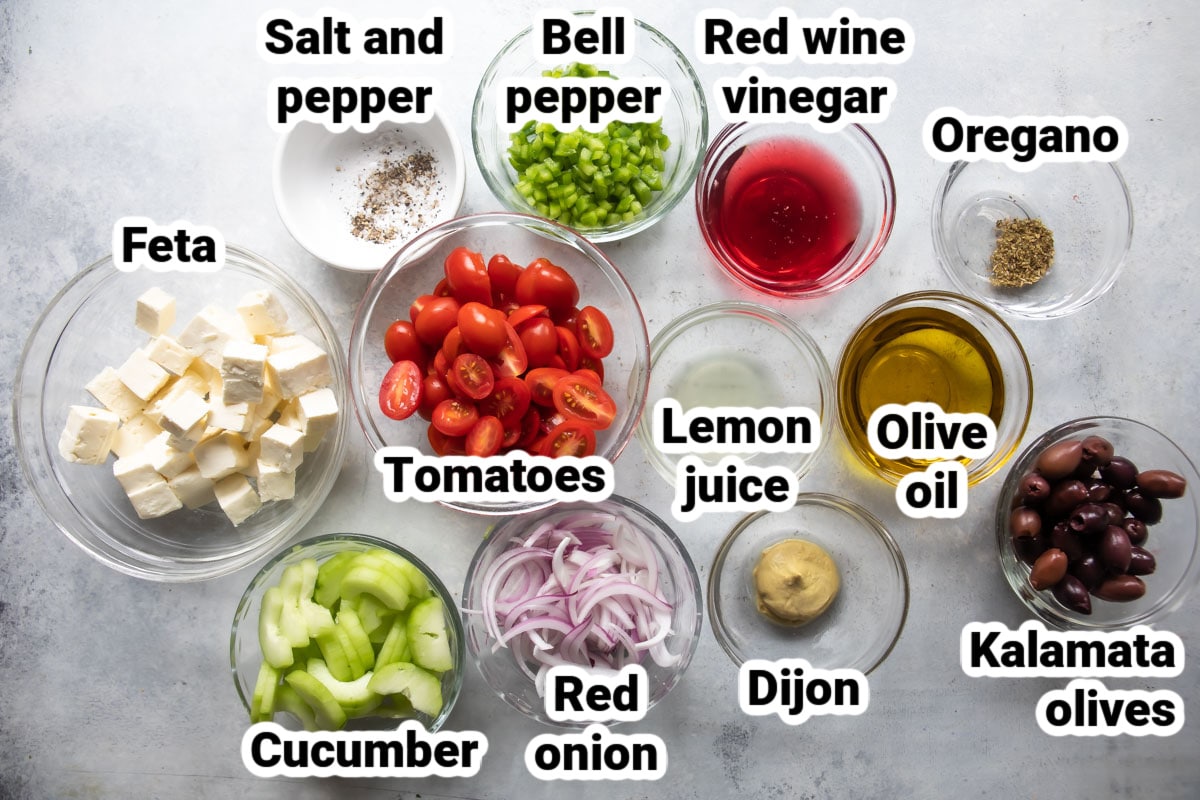Labeled ingredients for Greek Salad.
