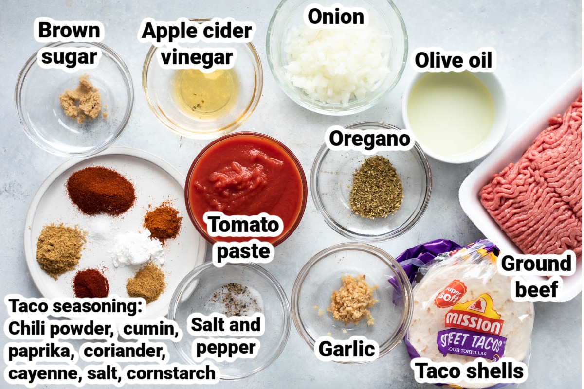 Labeled ingredients for ground beef tacos.