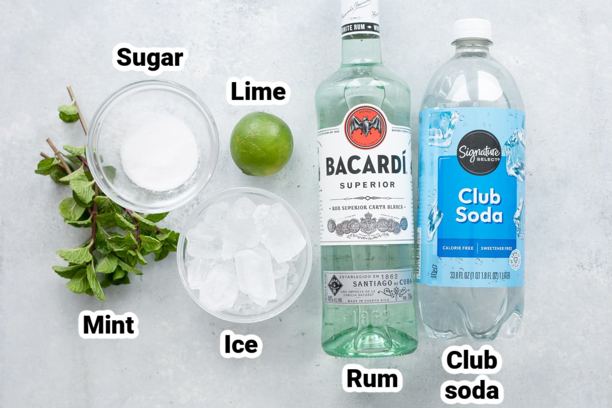 Labeled ingredients for a mojito.