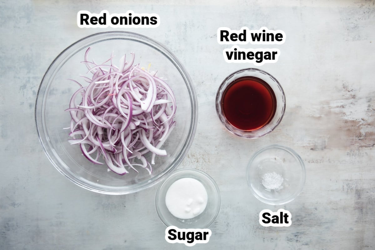 Labeled ingredients for pickled red onions.