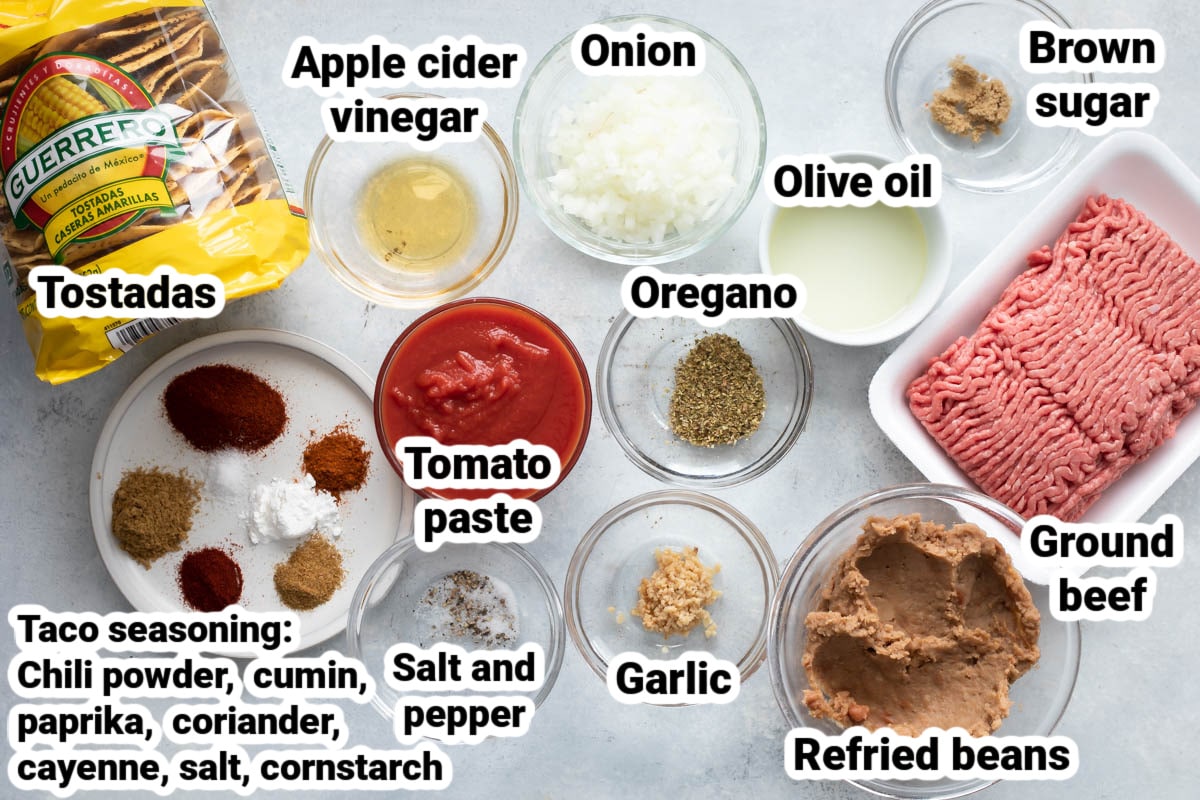 Labeled ingredients for tostadas.