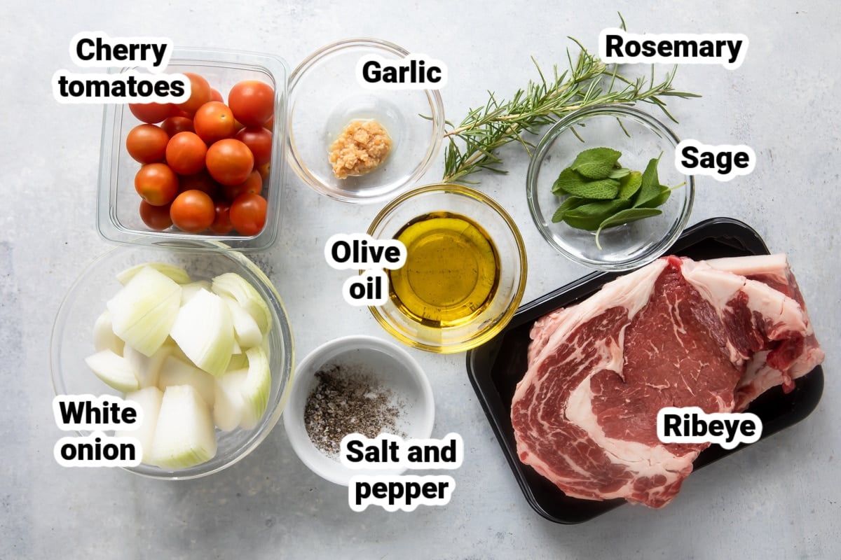 Labeled ingredients for beef kabobs.