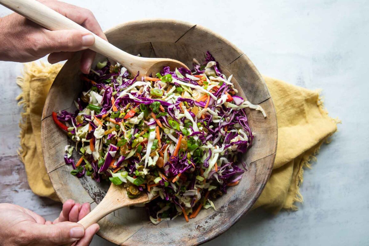 A bowl of cabbage salad.