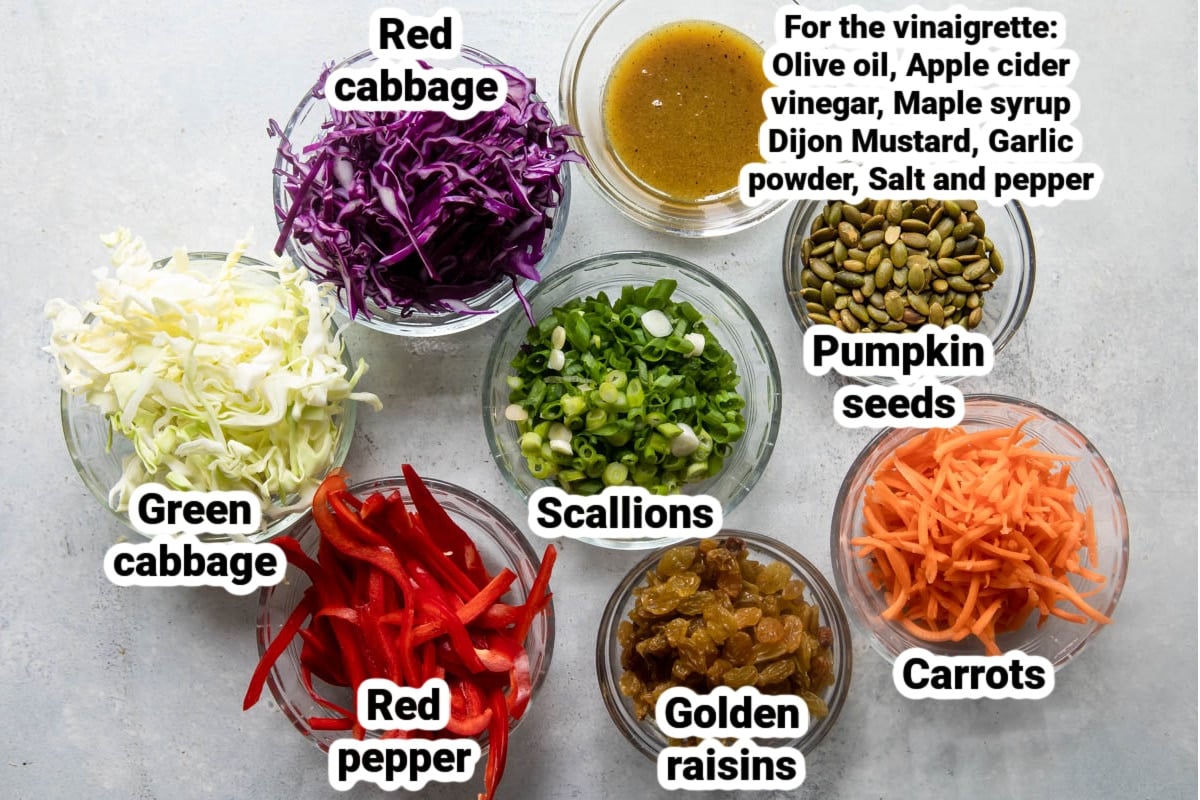 Labeled ingredients for cabbage salad.
