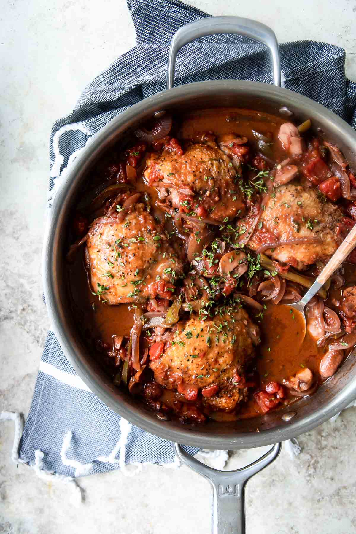 Chicken Cacciatore in a skillet before being served.
