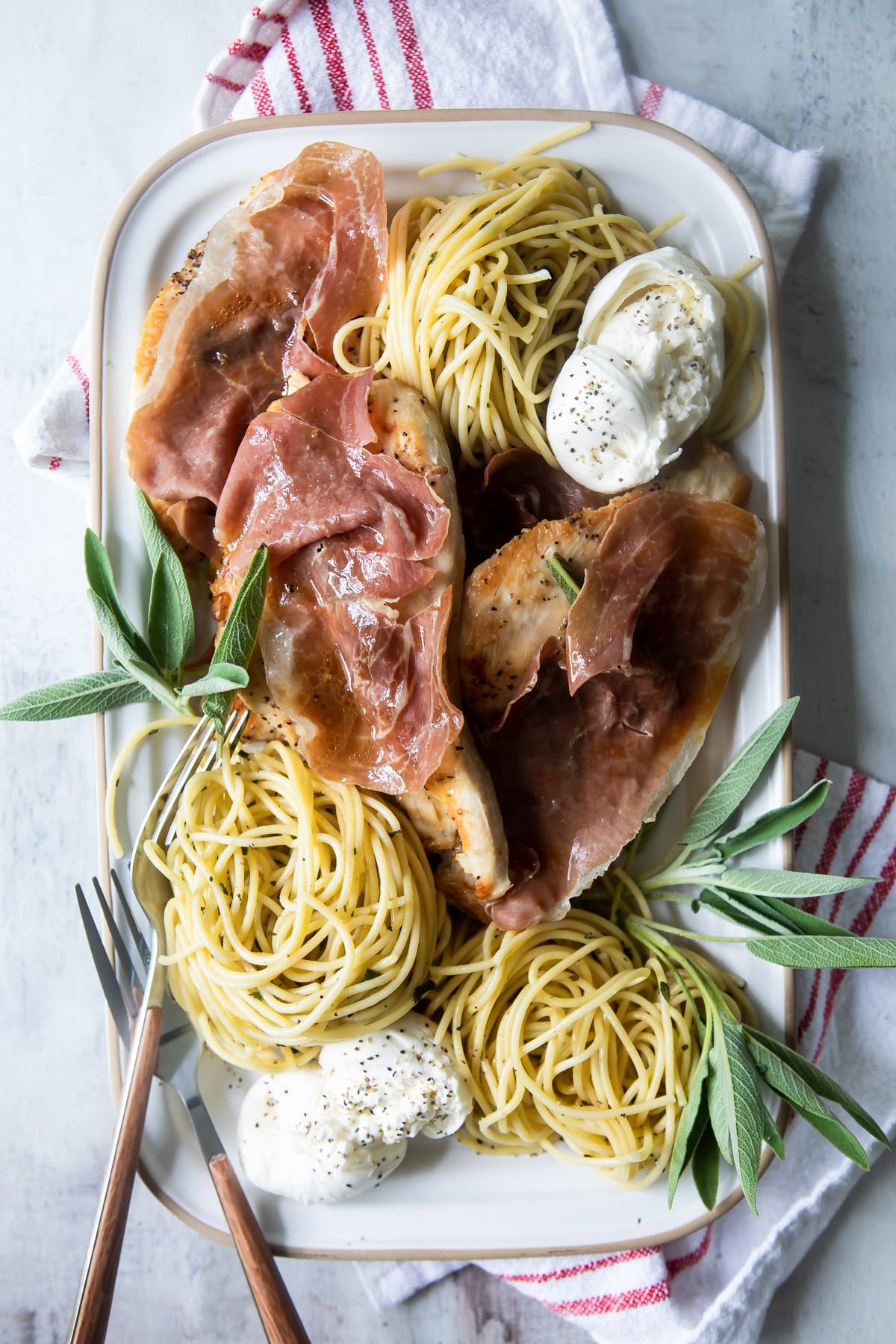 Chicken Saltimbocca on a serving platter.