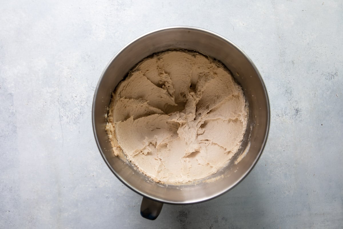 Dough for cowboy cookies in a mixing bowl before M&Ms were added.