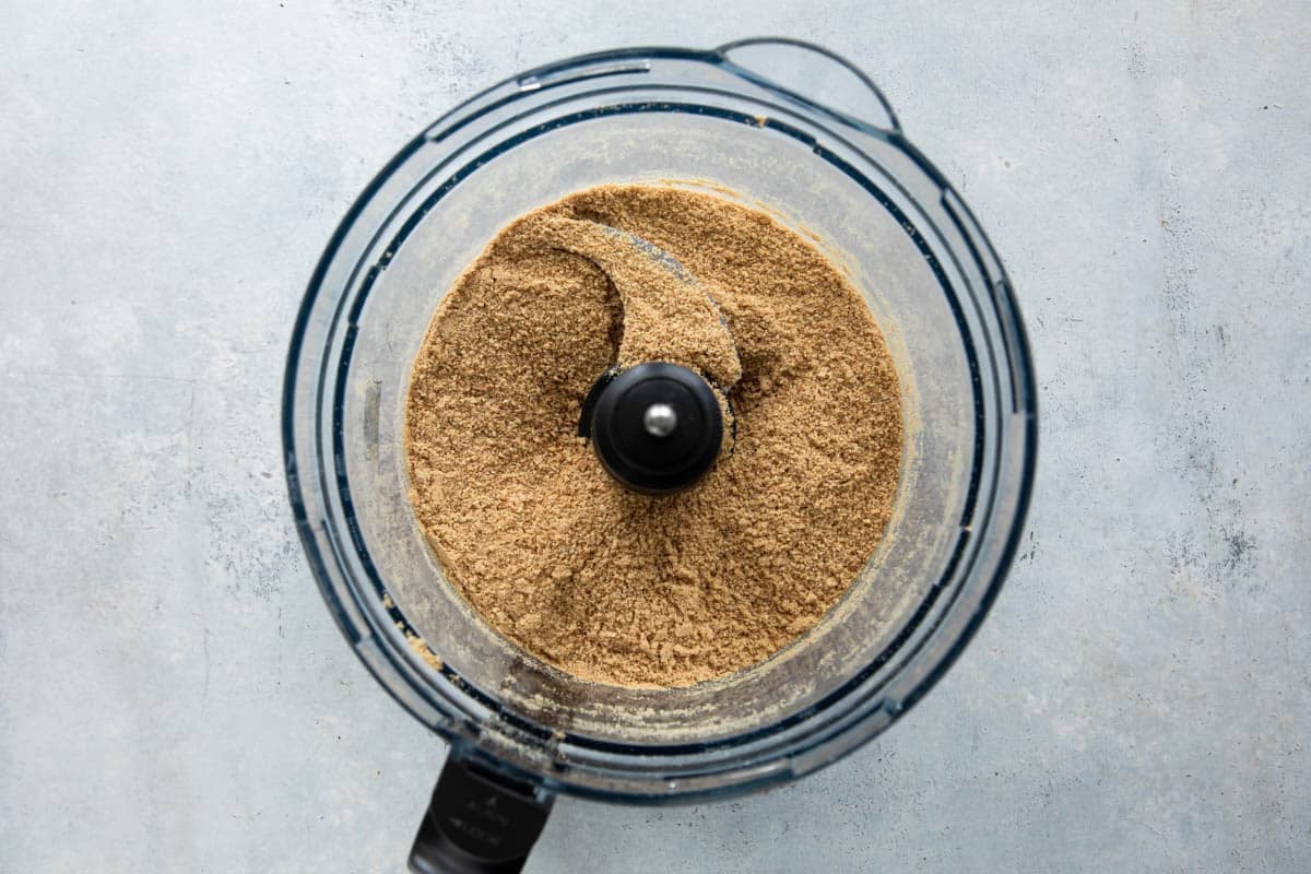 Fine graham cracker crumbs in a food processor.