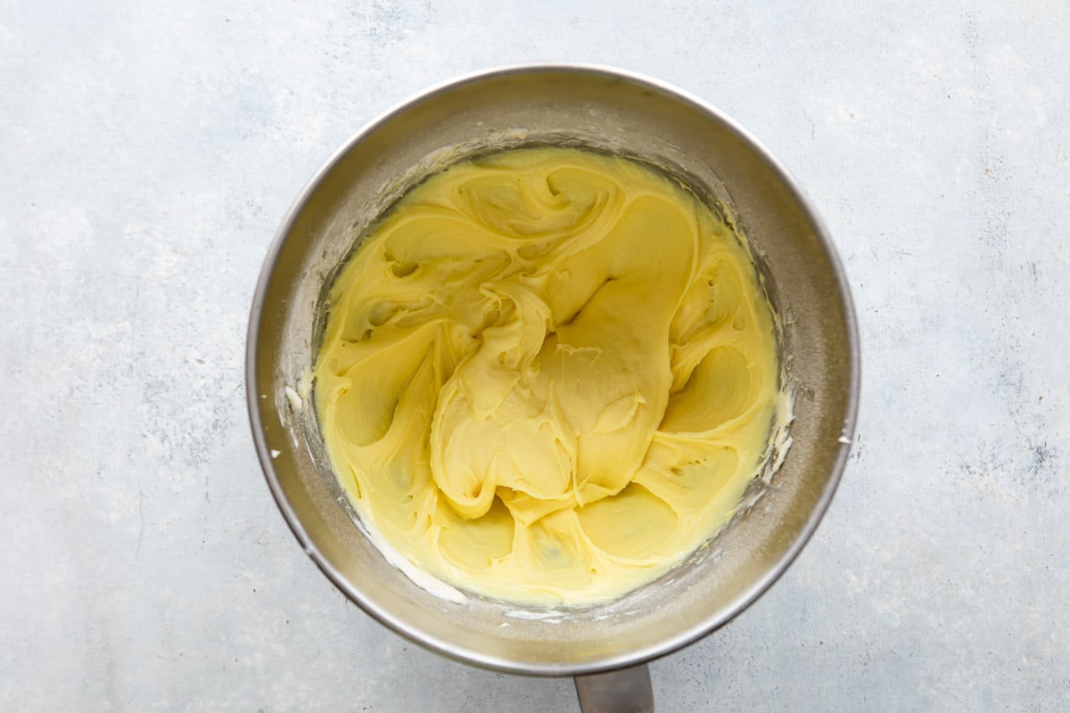 No bake lemon cheesecake filling in a mixing bowl.