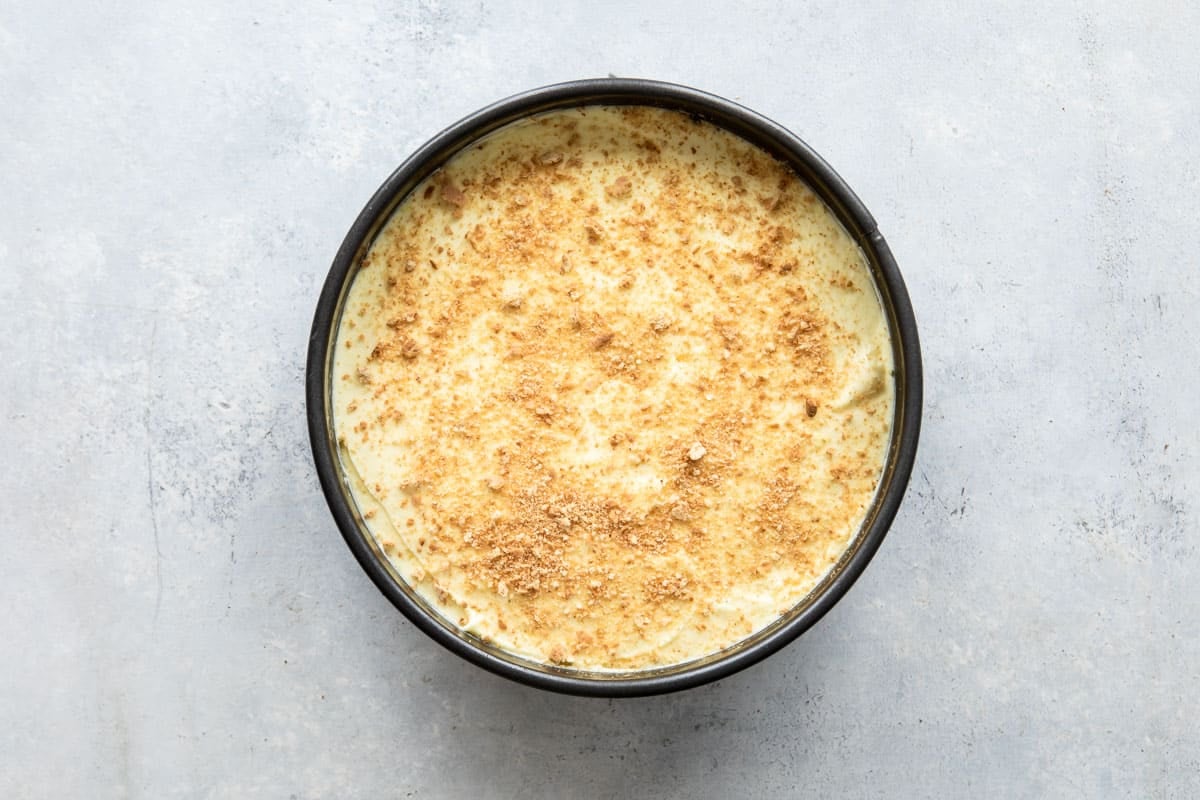 A no bake lemon cheesecake before being frozen.