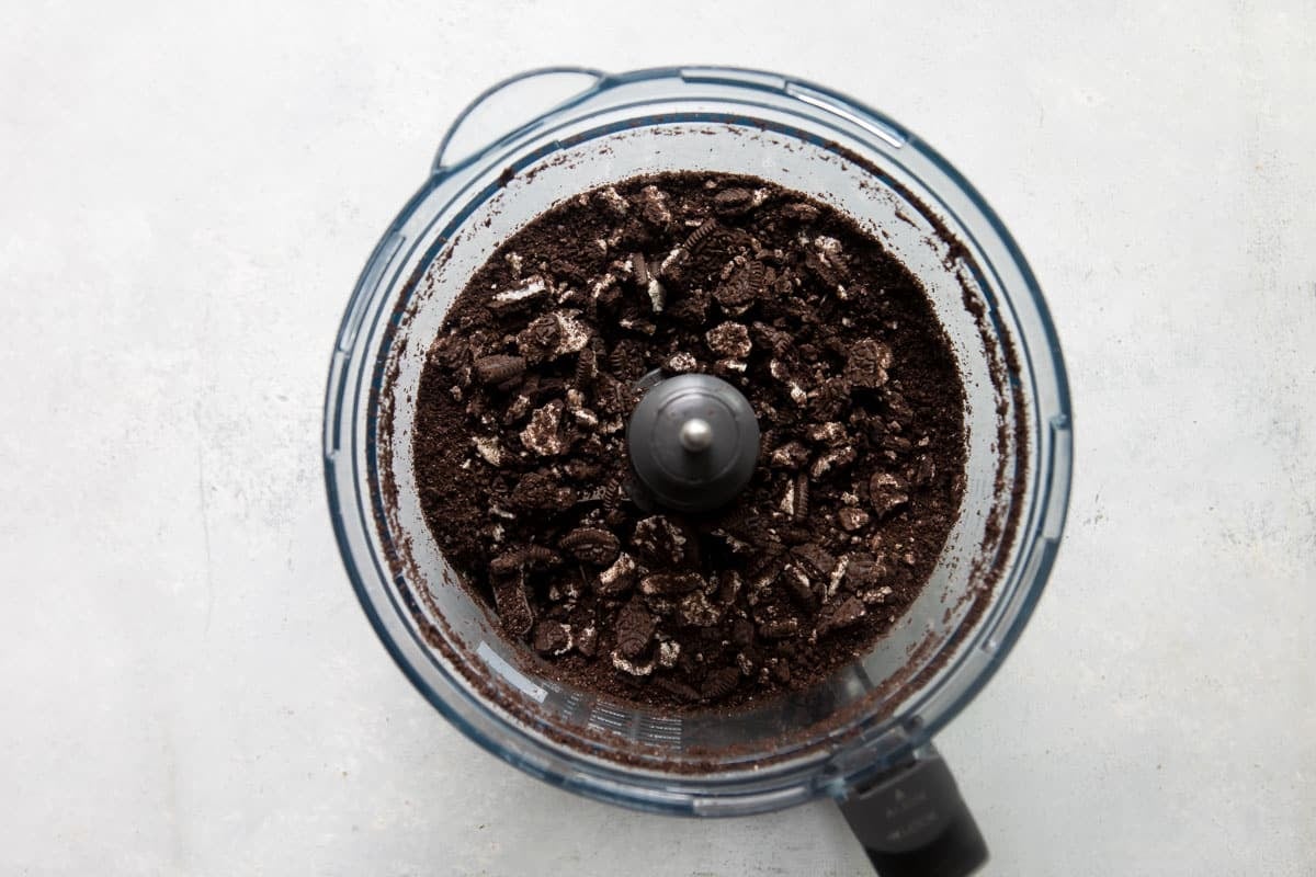 Crushed Oreos in a food processor.