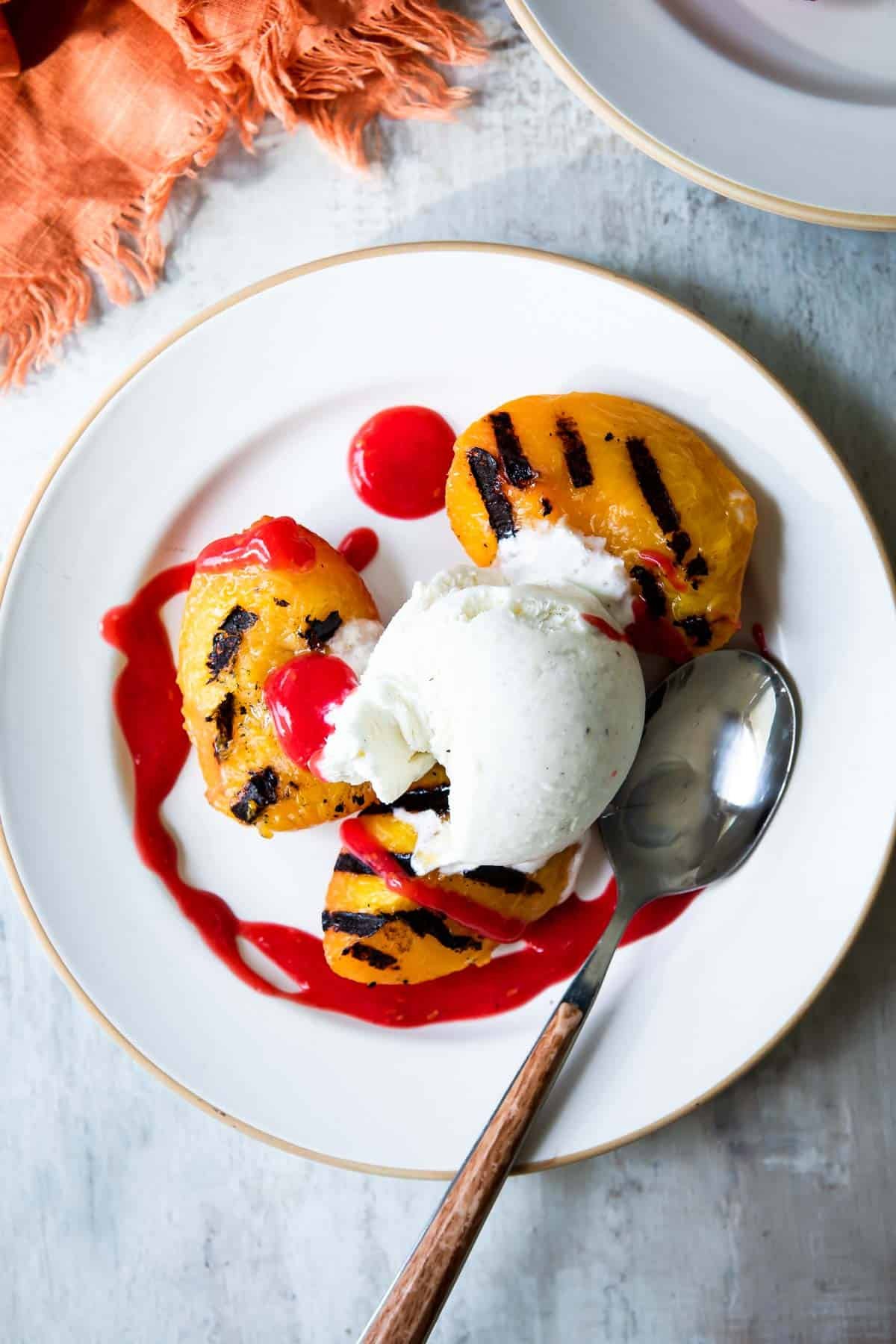 Plates of peach melba.