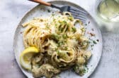 A plate of artichoke pasta.