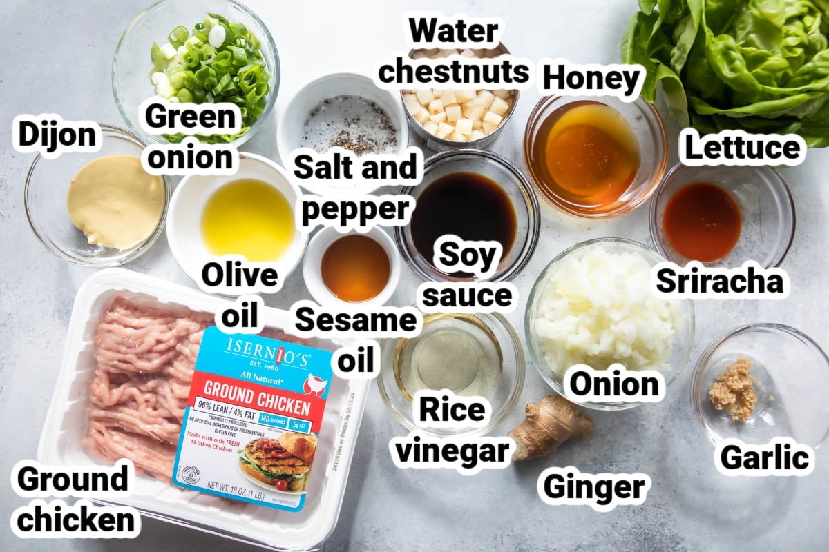 Labeled ingredients for chicken lettuce wraps.