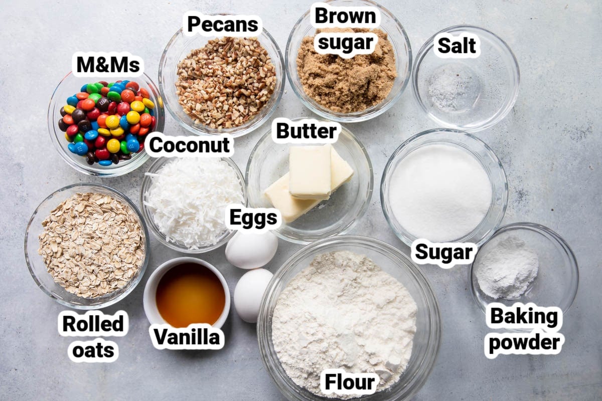 Labeled ingredients for cowboy cookies.