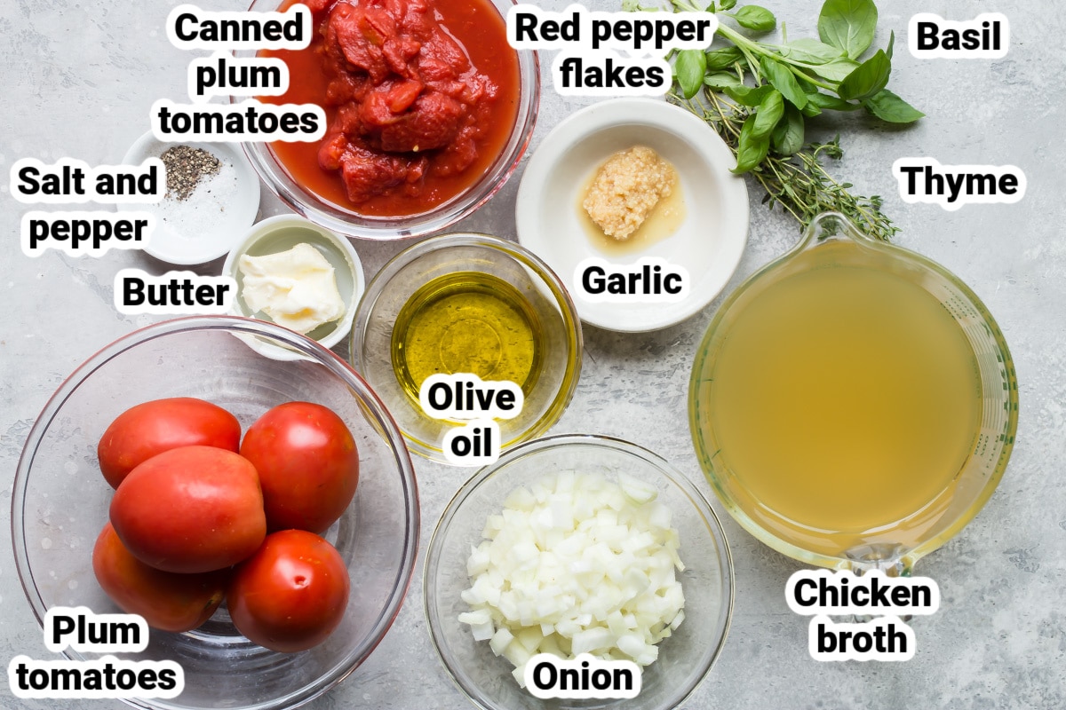 Labeled ingredients for roasted tomato soup.