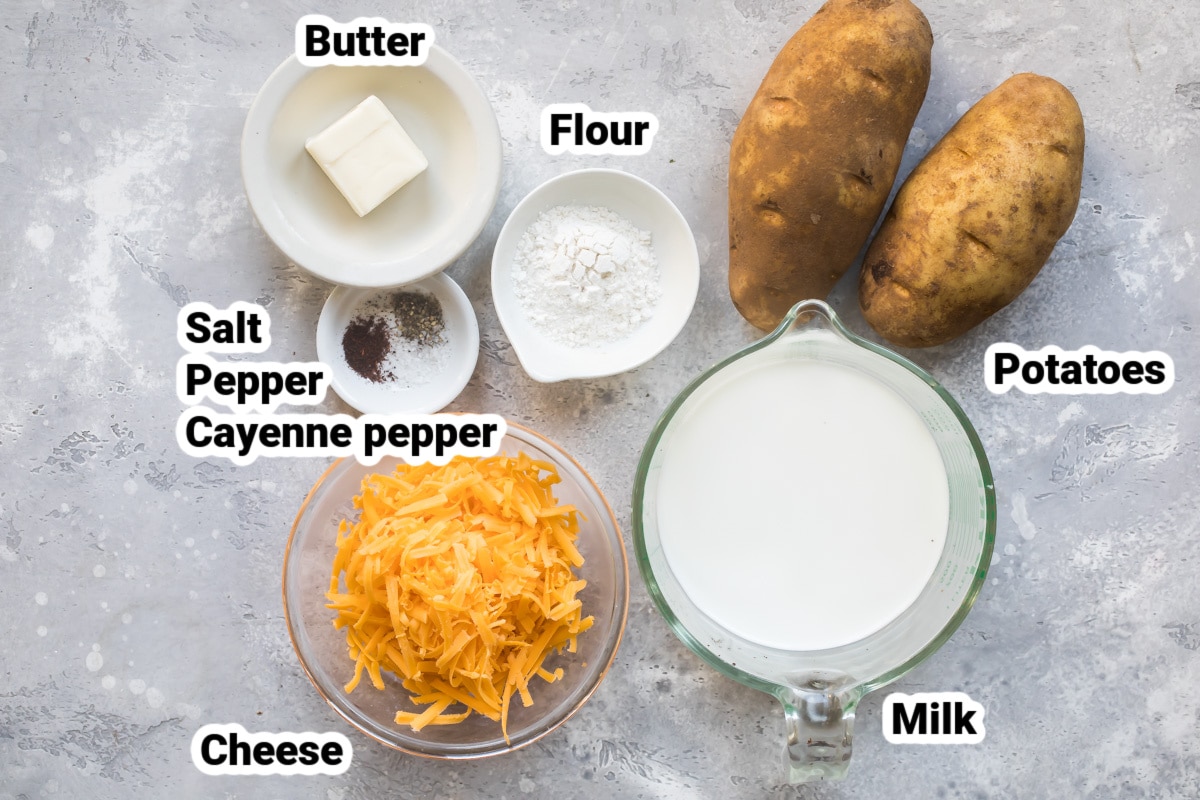 Ingredients for au gratin potatoes labeled.