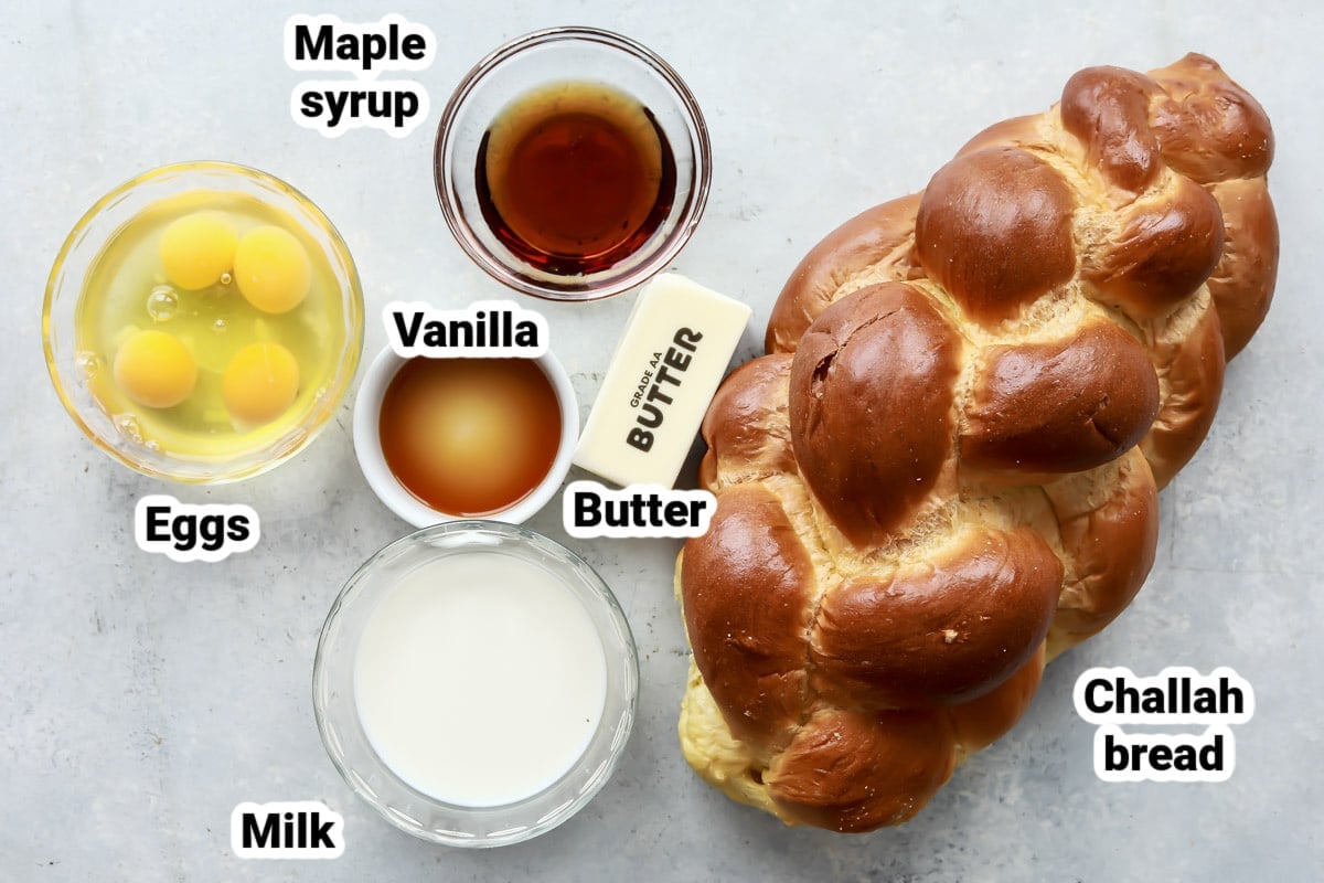 Labeled ingredients for Challah French Toast.