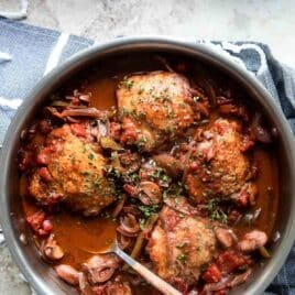 Chicken Cacciatore in a skillet before being served.