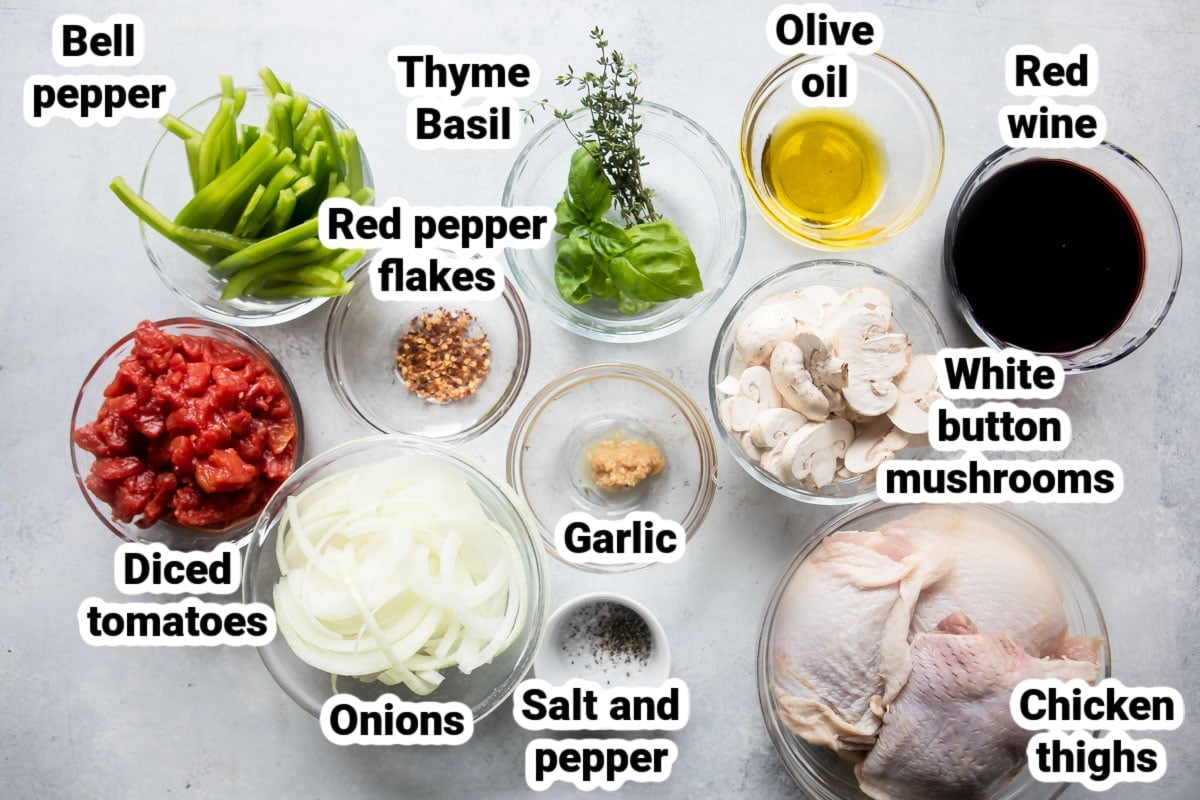 Labeled ingredients for Chicken Cacciatore.