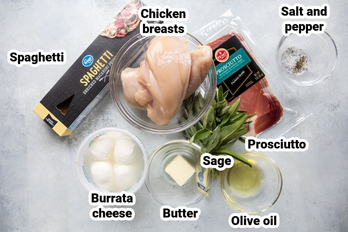 Labeled ingredients for Chicken Saltimbocca.