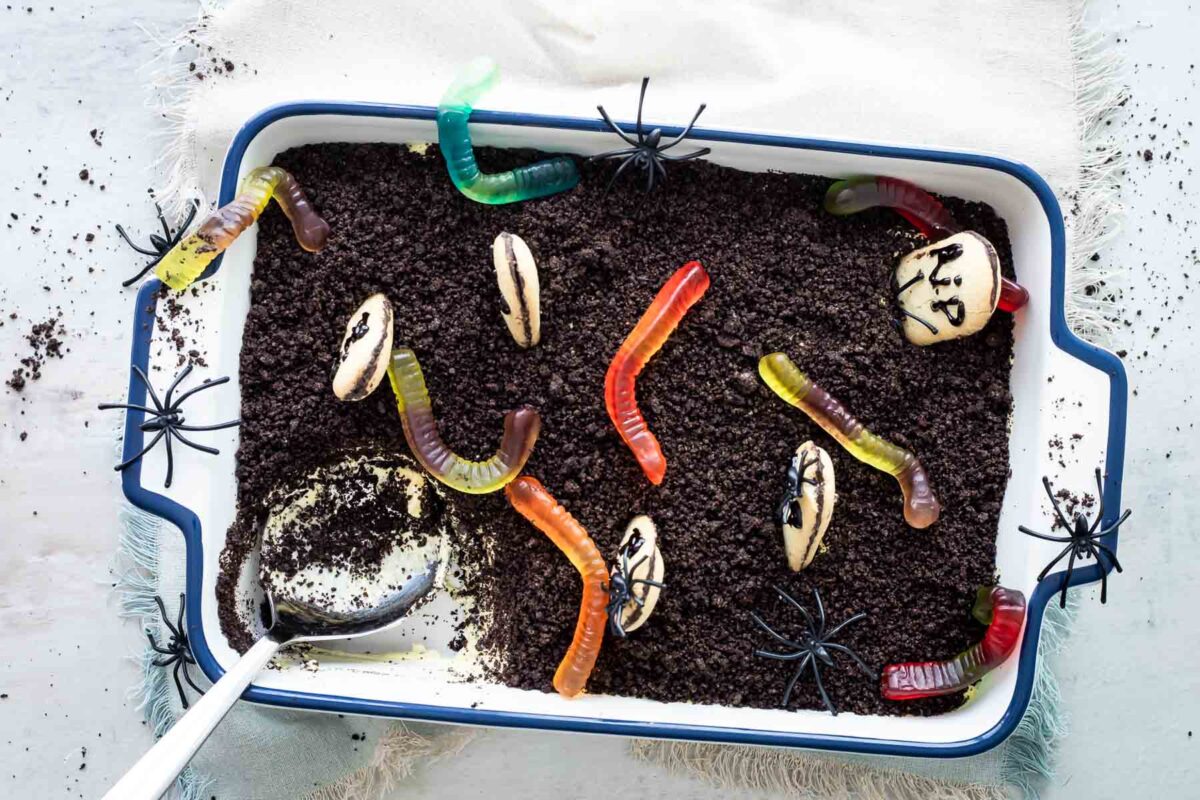 A dirt cake made in a cake pan.