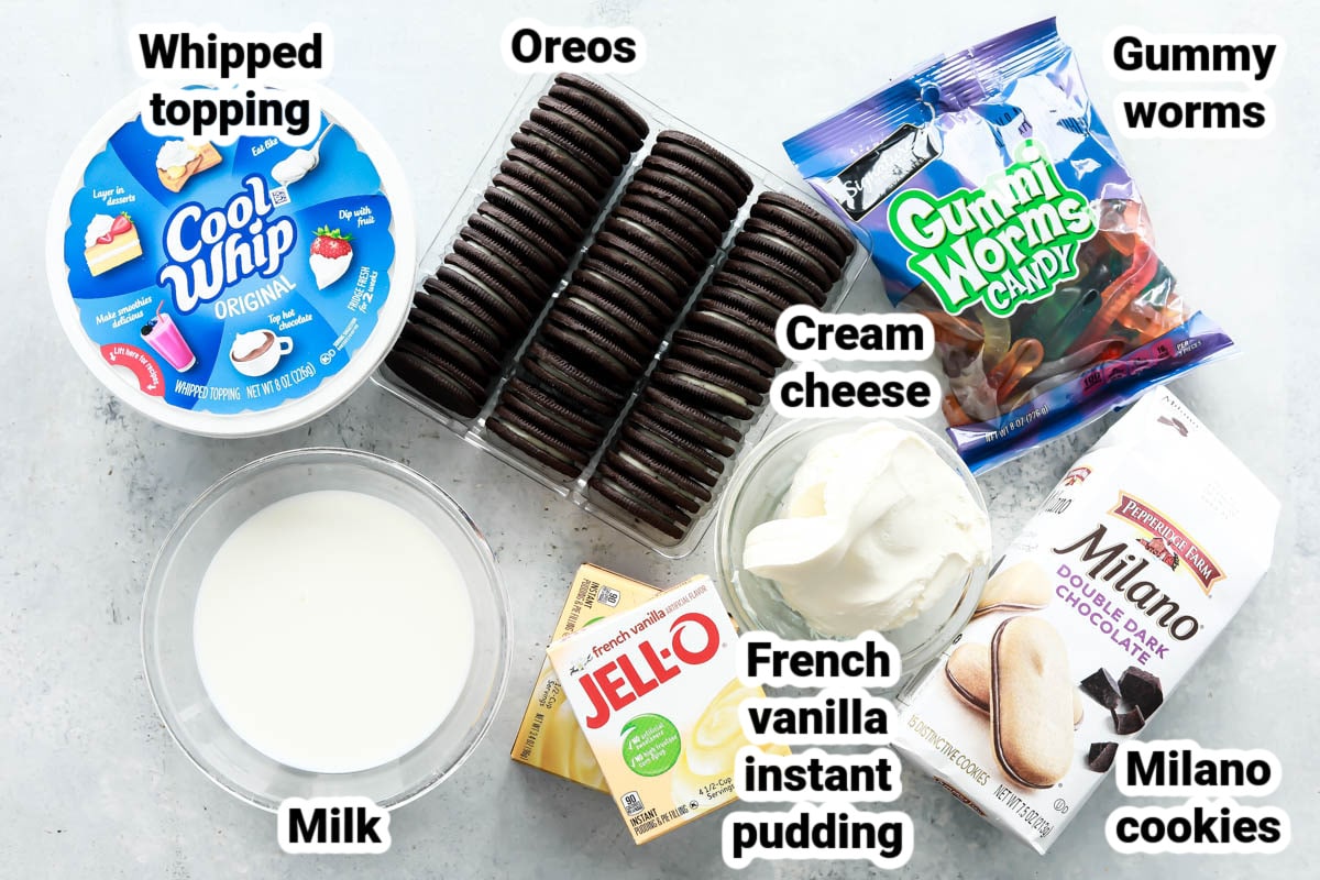 Labeled ingredients for dirt cake.