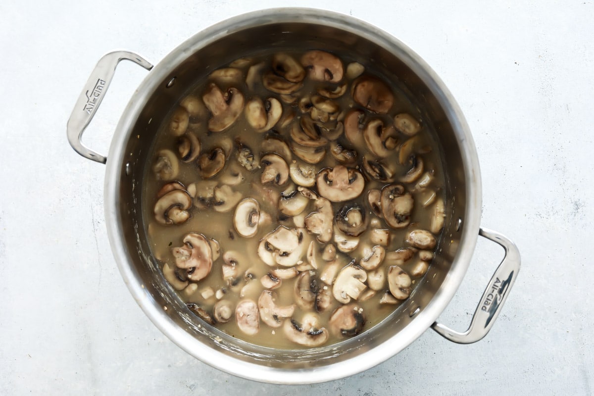 A pot full of cooked mushrooms.
