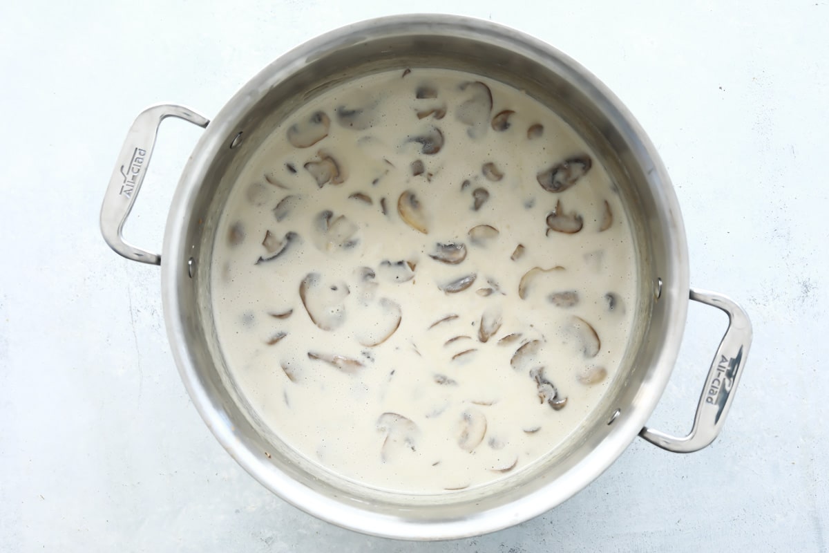 Creamy mushroom sauce in a pot.