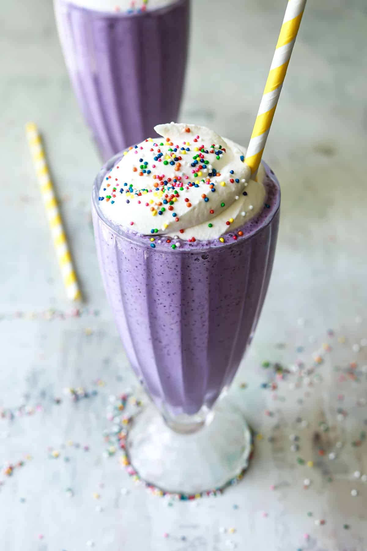 A Grimace shake on a countertop.