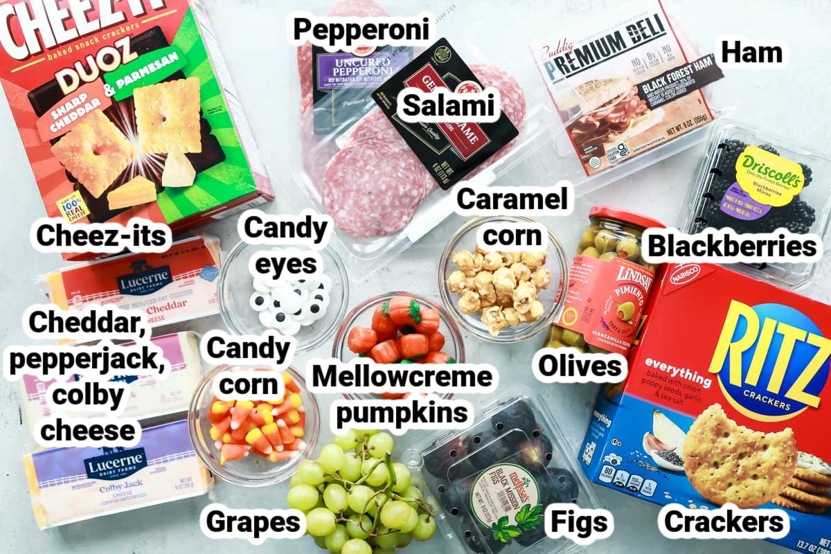 Labeled ingredients for a Halloween Charcuterie board.