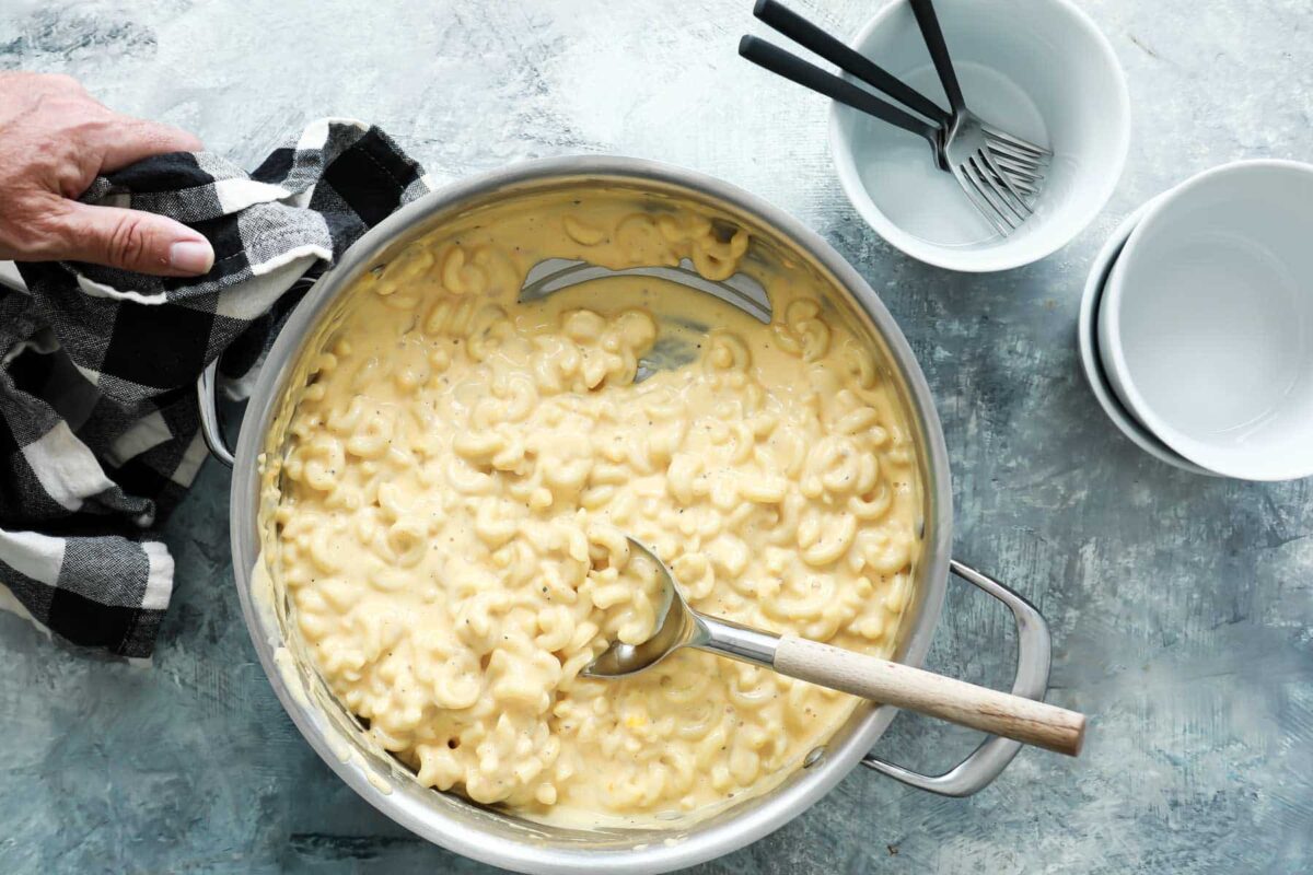 A skillet of homemade mac and cheese.