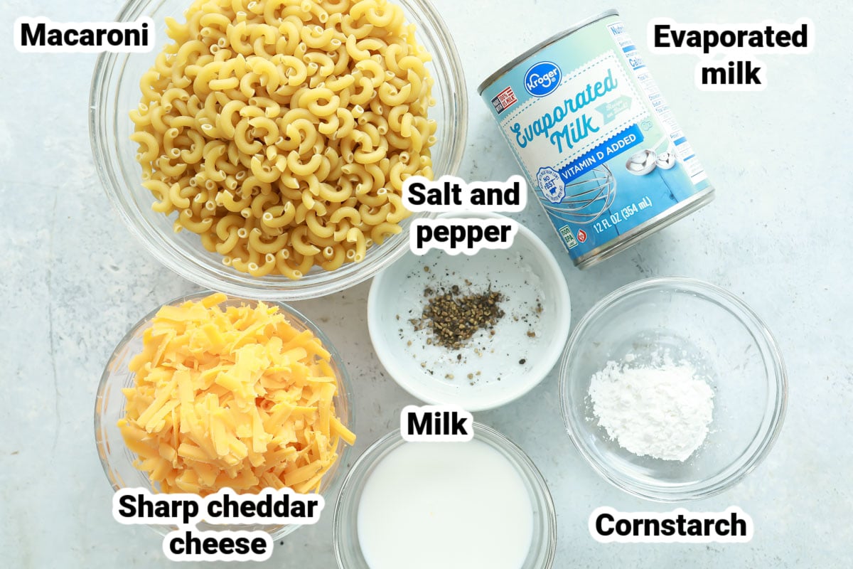 Labeled ingredients for homemade mac and cheese.