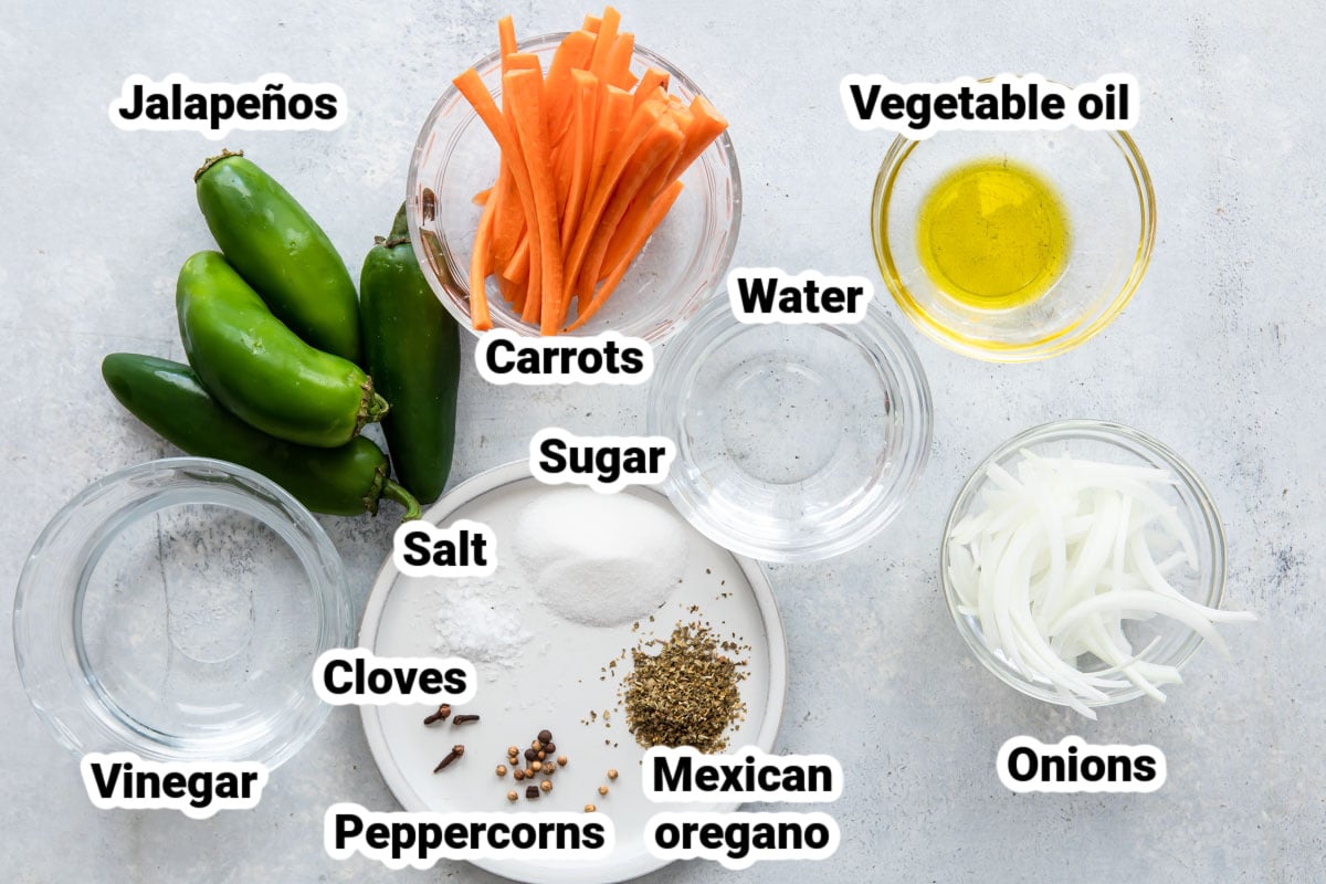 Labeled ingredients for pickled jalapeños.