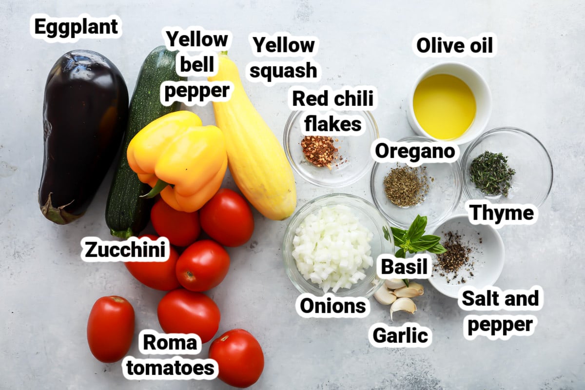 Labeled ingredients for ratatouille.