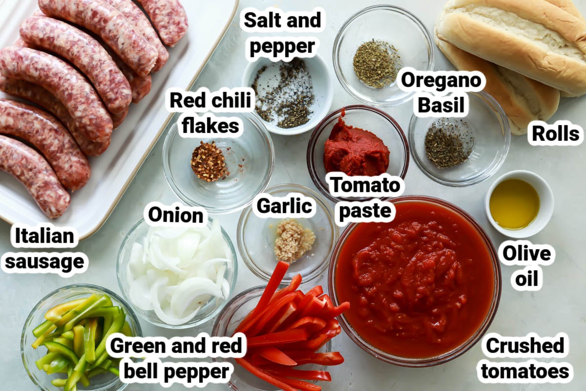 Labeled ingredients for sausage and peppers.