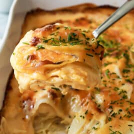 A 9x13 baking pan full of scalloped potatoes.