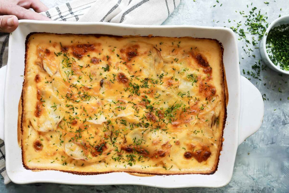 A 9x13 baking pan full of scalloped potatoes.