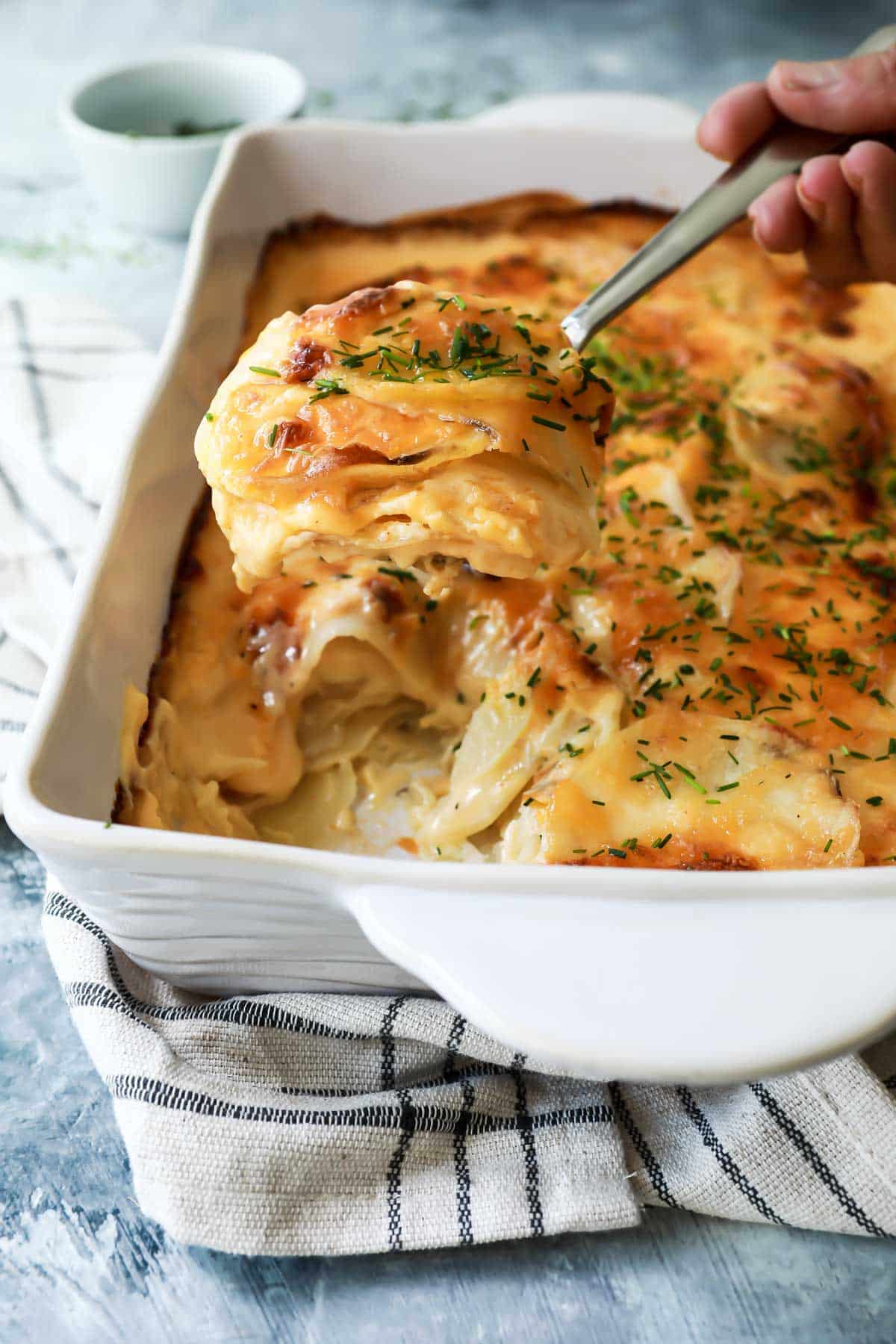 A 9x13 baking pan full of scalloped potatoes.