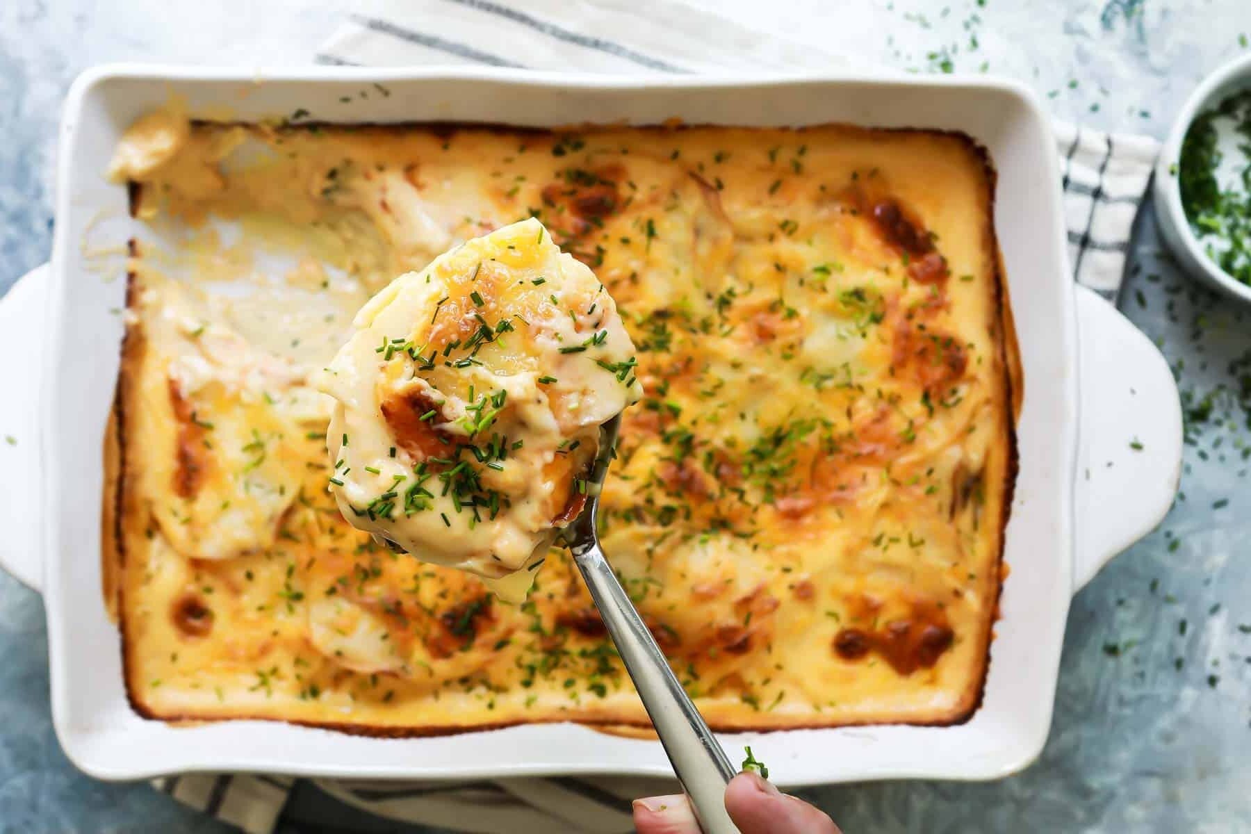 A 9x13 baking pan full of scalloped potatoes.