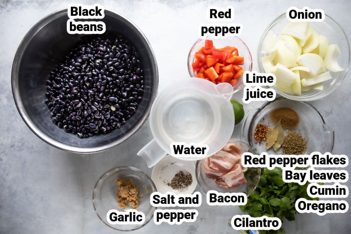 Labeled ingredients for slow cooker black beans.