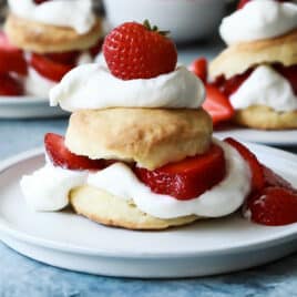 Plates of strawberry shortcake.