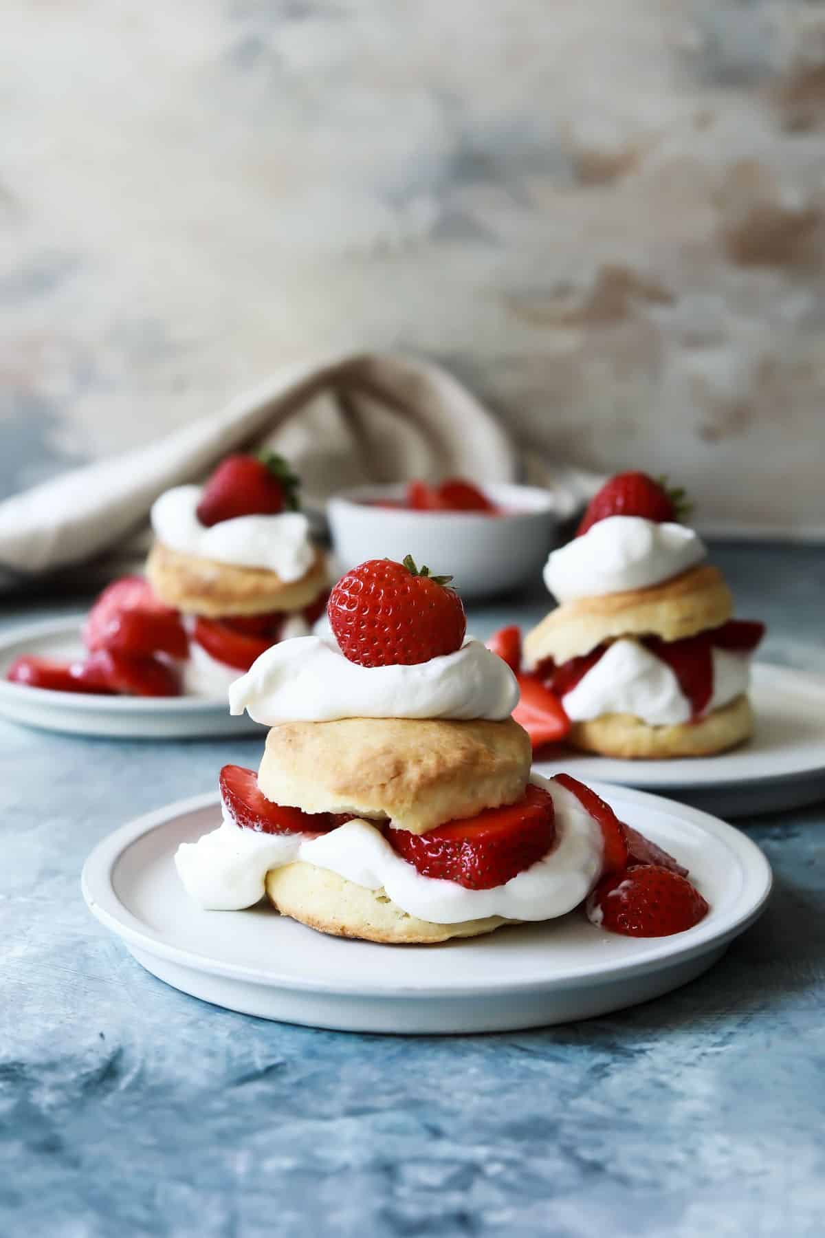 Plates of strawberry shortcake.