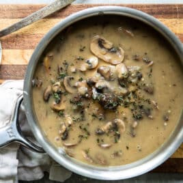 A saucepan full of vegan mushroom gravy.