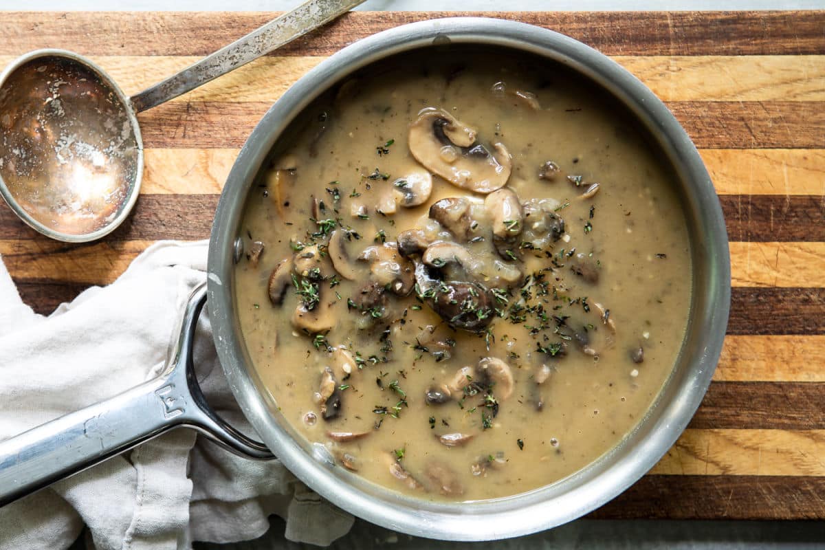 A saucepan full of vegan mushroom gravy.