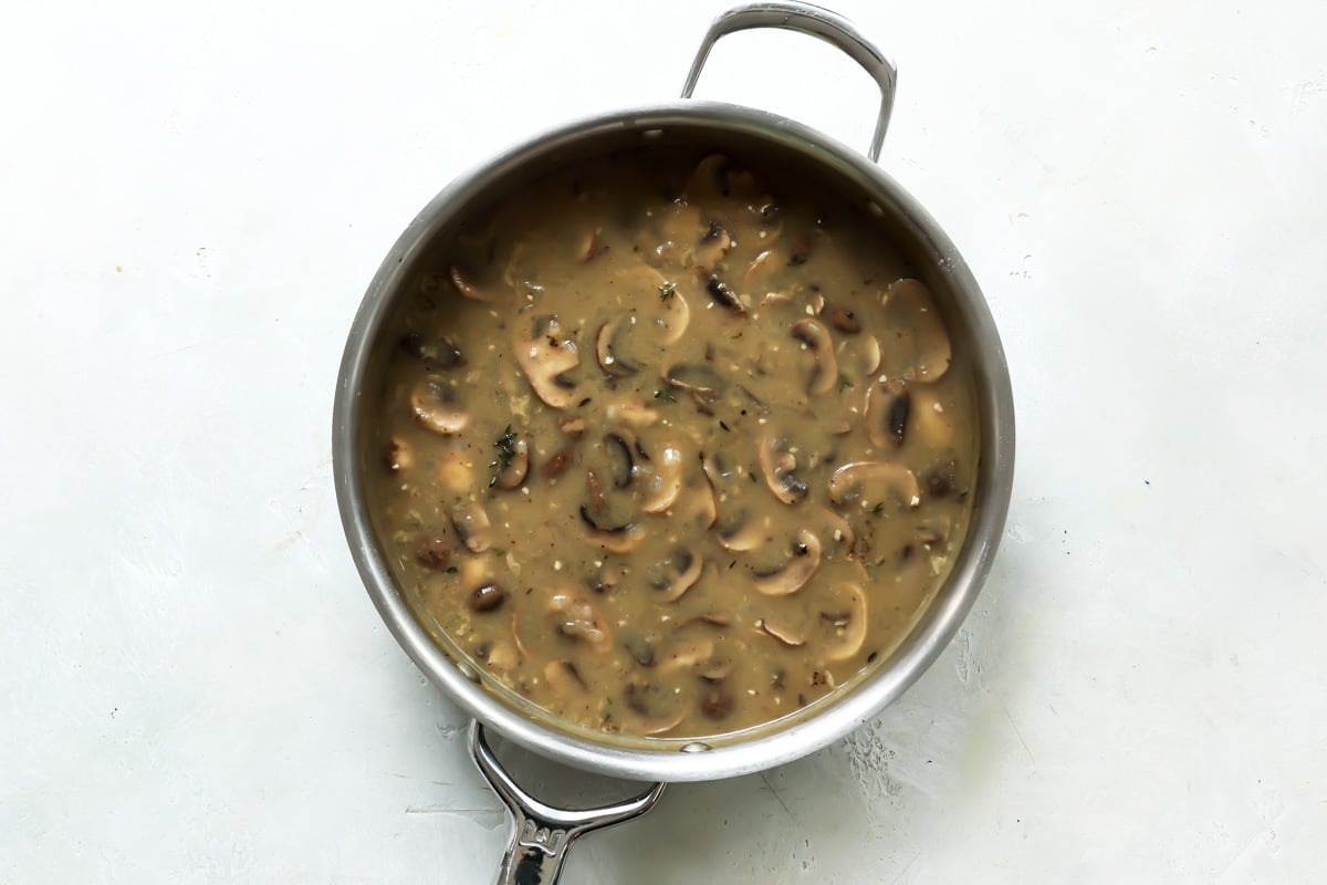 A saucepan full of vegan mushroom gravy.