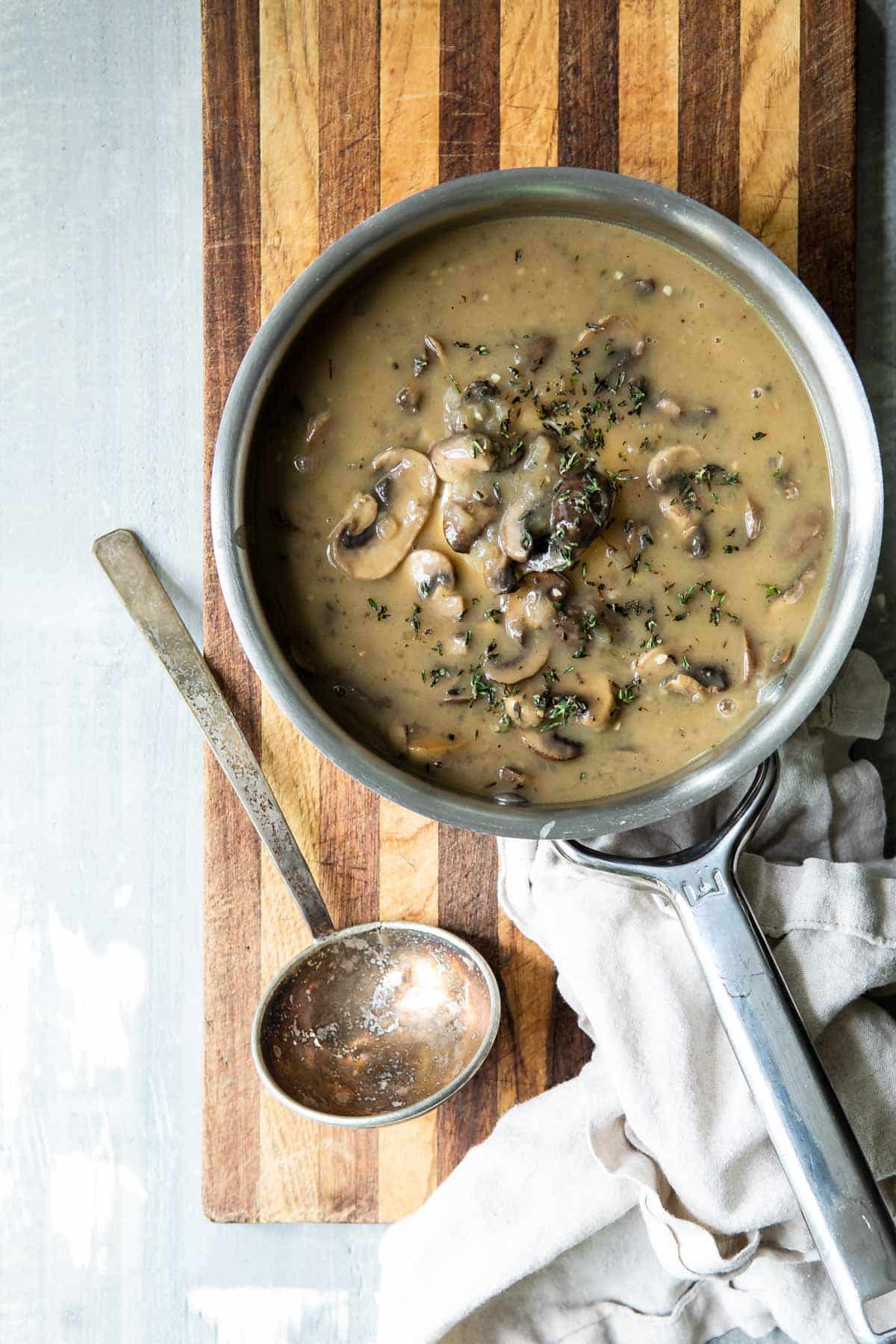 A saucepan full of vegan mushroom gravy.